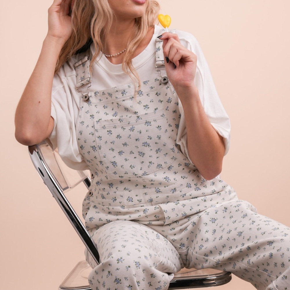 Very J Cream Floral Women's Overalls - Picture 2 of 6